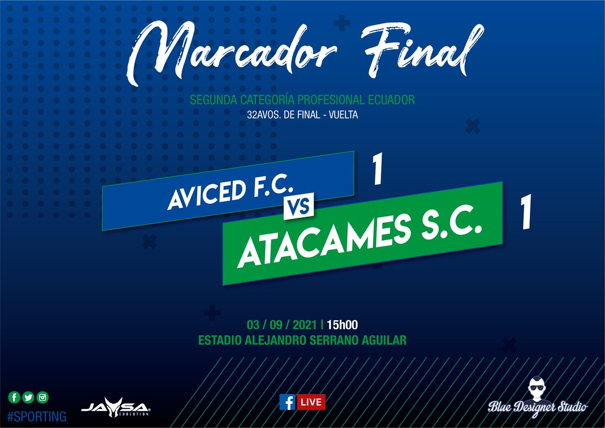 AtacamesSC's tweet photo. Finaliza el encuentro en #Cuenca, empate y clasificación para el #Atacames!
DALE #SPORTING! 💙⚽️💚 #ContigoHastaPrimera
#Ascenso #FEF #AscensoNacional #Esmeraldas #JASA #JASAsícumple #BlueDesignerStudio https://t.co/v4CE77jl4Z