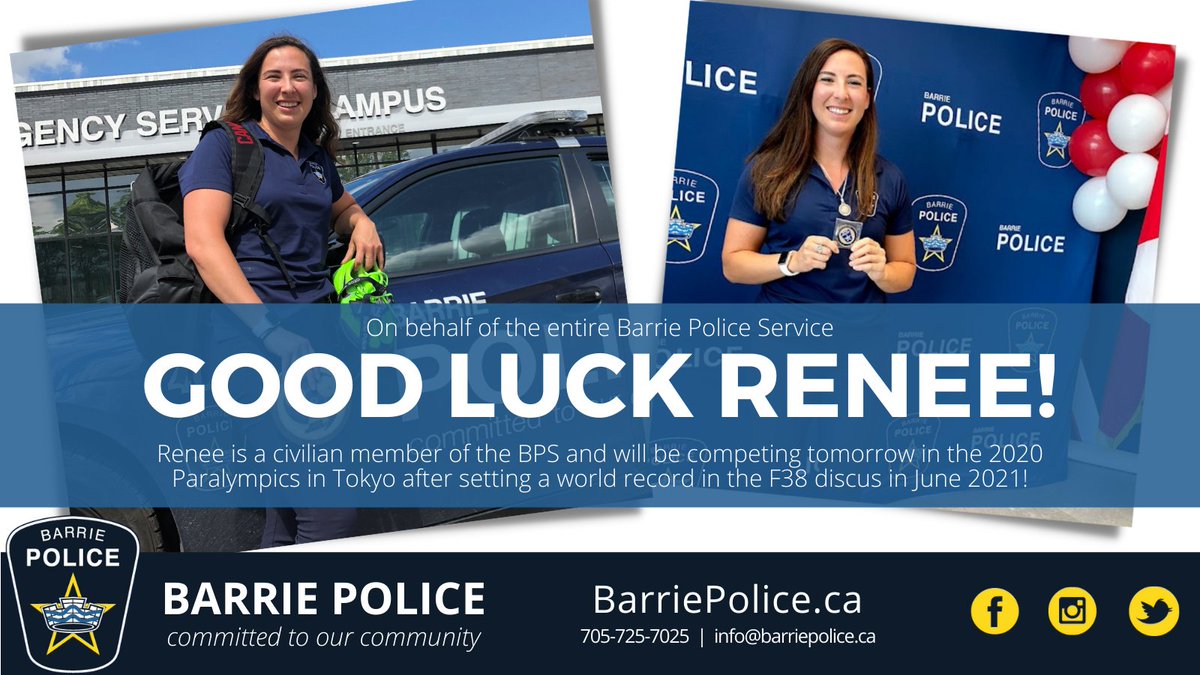 Barrie Police (@barriepolice) on Twitter photo The Barrie Police Service is wishing good luck to #BPS Member Renee who will be competing in the Paralympic Games tomorrow in Tokyo! Canadian Paralympic Team <a href="/CDNParalympics/">Canadian Paralympic Team</a> <a href="/AthleticsCanada/">Athletics Canada</a> <a href="/CruisersSports/">Cruisers Sports</a> The Barrie Police Service is wishing good luck to #BPS Member Renee who will be competing in the Paralympic Games tomorrow in Tokyo! Canadian Paralympic Team <a href="/CDNParalympics/">Canadian Paralympic Team</a> <a href="/AthleticsCanada/">Athletics Canada</a> <a href="/CruisersSports/">Cruisers Sports</a>