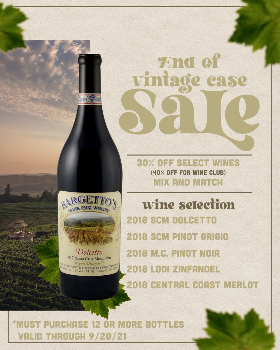 We thought we would kick off Labor Day with a BLAST! 

From now until September 20, enjoy 30% of select wines when you buy 1 case or more 🎉

Order your wine TODAY at 👉🏽Bargetto.com
or visit one of our amazing tasting rooms 🍷