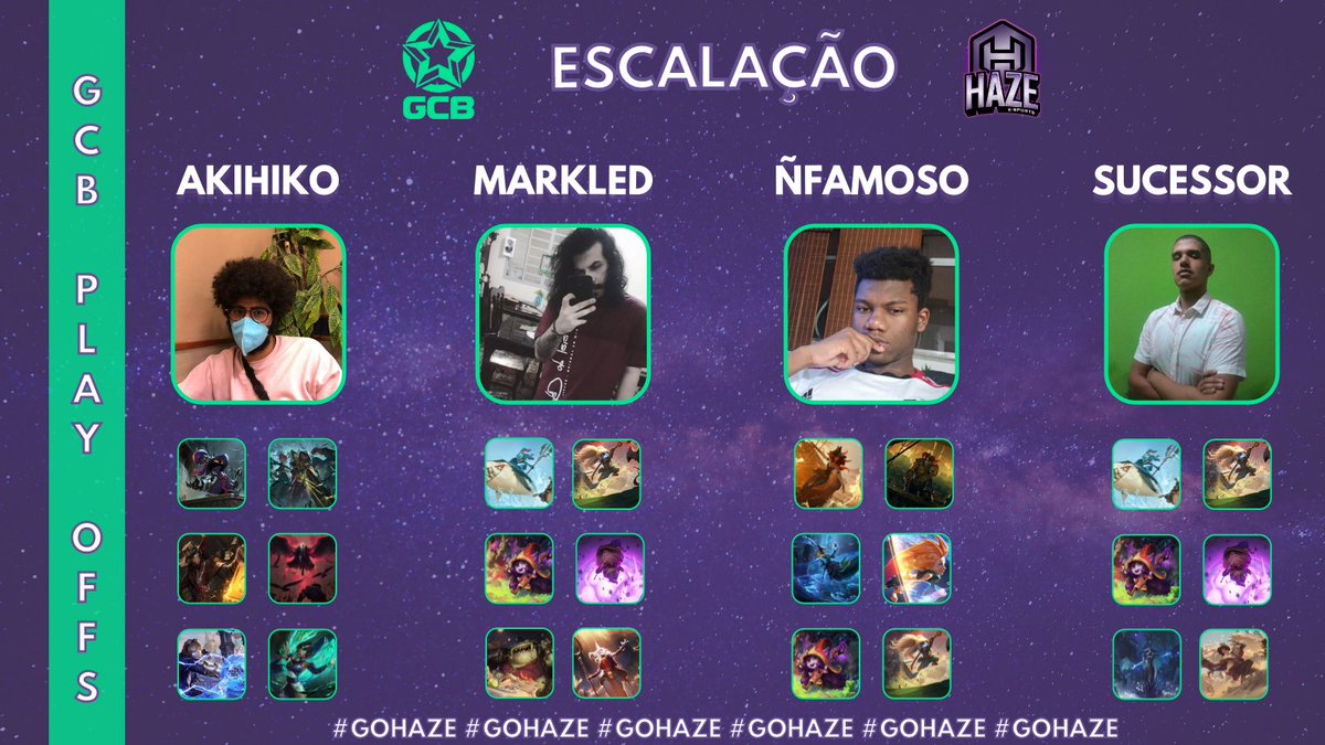 Hoje é Play-Offs da @GCB_LoR contra a <a href="/MafiaEsportsLA/">Mafia Esports Latinoamérica</a> nossos jogadores são @seeyouaki, <a href="/markled_lor/">Markled</a>, <a href="/NFamoso_/">TFTék</a> e <a href="/SucessorLoR/">Sucessor</a> venham torcer com seu #GOHAZE.