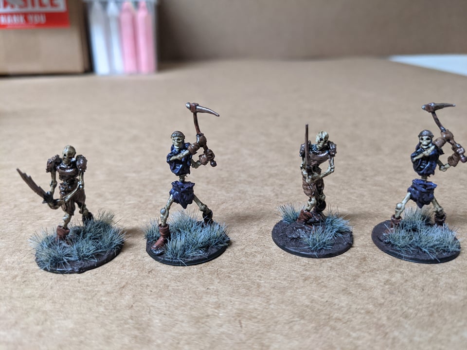 Crittlestickz's tweet photo. A collection of #progress pics for my first #painting project -- a set of four #Skeletons! I paint these #live on #Twitch; link on my profile. Come watch me sometime! #dnd #dndminiatures #dnd5e #dungeonsanddragons #gamenight #tabletop #TTRPGs #5e #dndstream https://t.co/sfNAJUKZst
