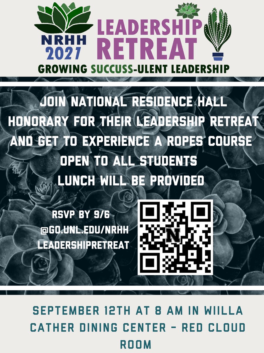 UNL Scarlet & Cream Chapter of NRHH (@unlnrhh) on Twitter photo Join NRHH to experience a ropes course, learn about being a leader, and get some pizza! RSVP by 9/6 by scanning the QR code. Leadership retreat takes place on September 12th at 8am in WCDC Red Cloud🪴<a href="/UNLHousing/">University Housing & Dining Services</a> Join NRHH to experience a ropes course, learn about being a leader, and get some pizza! RSVP by 9/6 by scanning the QR code. Leadership retreat takes place on September 12th at 8am in WCDC Red Cloud🪴<a href="/UNLHousing/">University Housing & Dining Services</a>