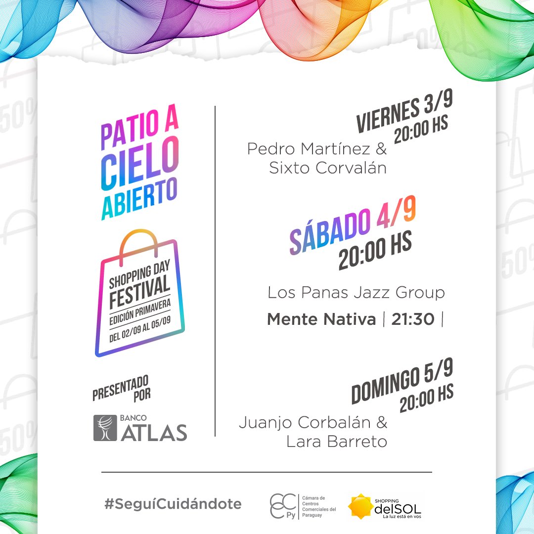 delsol_py's tweet image. ¡Te esperamos todo este finde con muchas actividades en nuestro en el Patio a Cielo abierto! 🤩
Todos estos artistas estarán esperándote mientras disfrutas de tus platos preferidos 😌
¡Nos vemos!