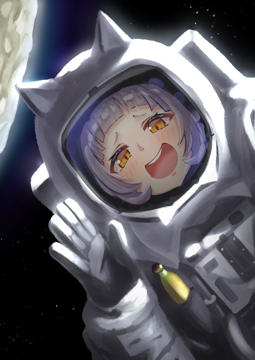 murasaki shion 1girl solo spacesuit smile bangs yellow eyes open mouth  illustration images