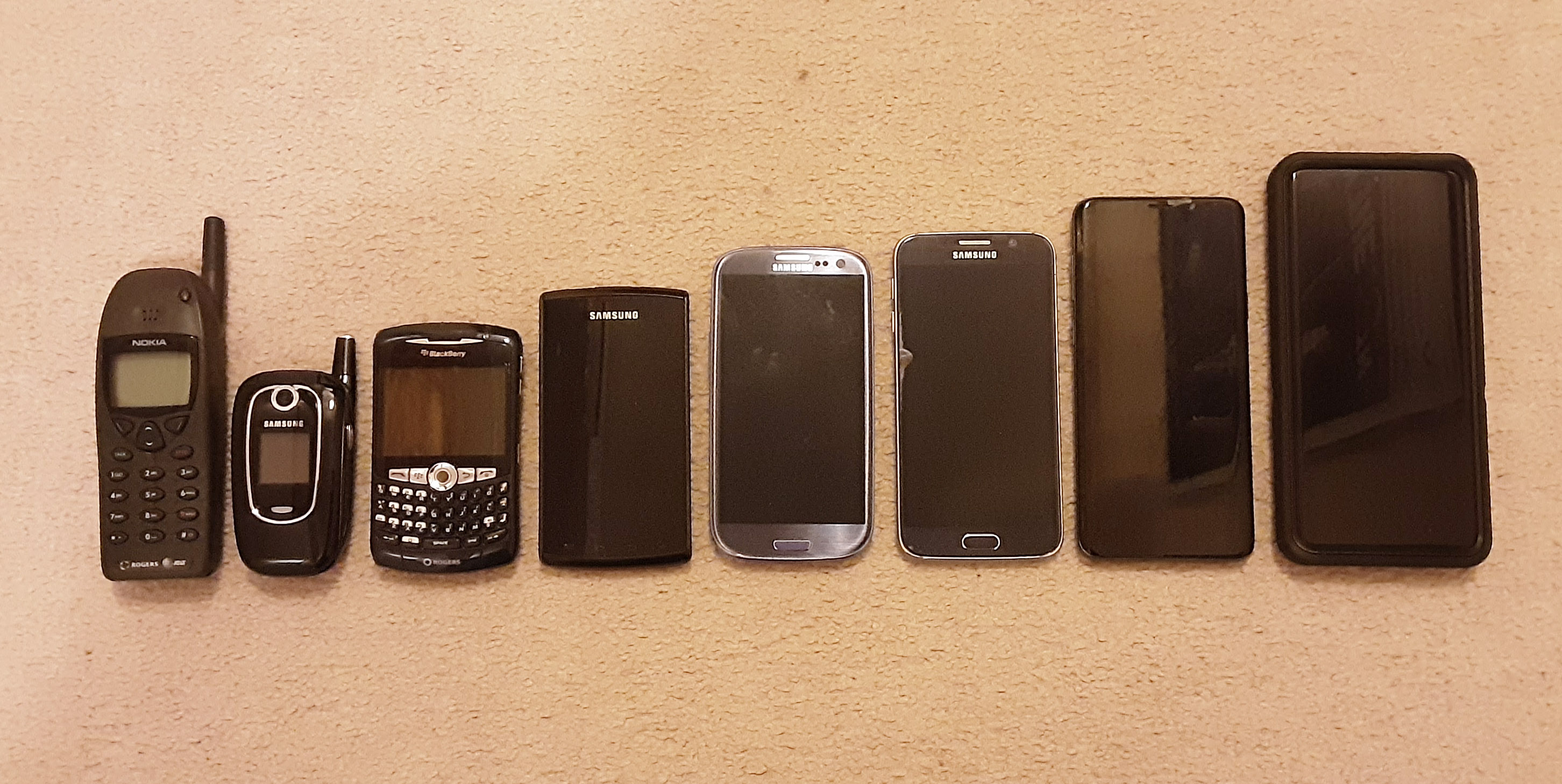 Dave Mcrae Al Twitter Every Phone I Ve Owned Current Phone Depicted Last Do You Still Have Your Old Phones Left To Right Nokia 01 05 Samsung Flip Phone 05 09 Blackberry 09 11 Galaxy S1