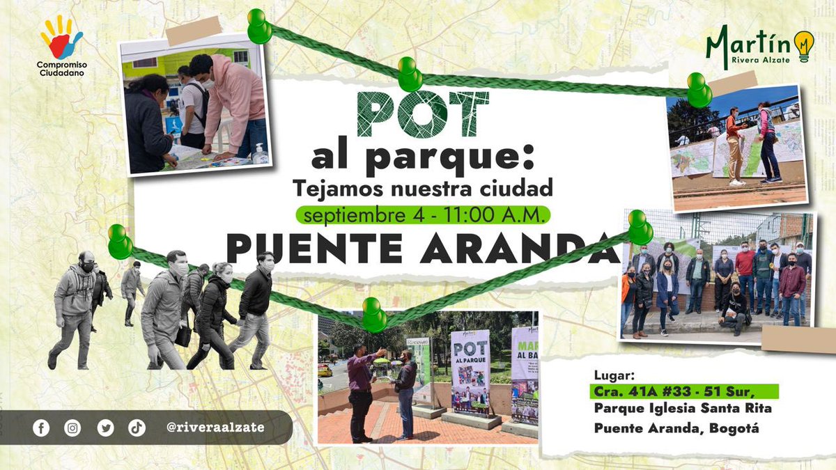 riveraalzate's tweet photo. ¡Nos vemos mañana en #POTalParque!
Estaremos en Puente Aranda hablando con la comunidad sobre el POT, pero sobre todo escuchando sus preocupaciones, problemas e ideas. 💡
📍Parque Iglesia Santa Rita
⏰ 11AM https://t.co/DHgj5kEhcb