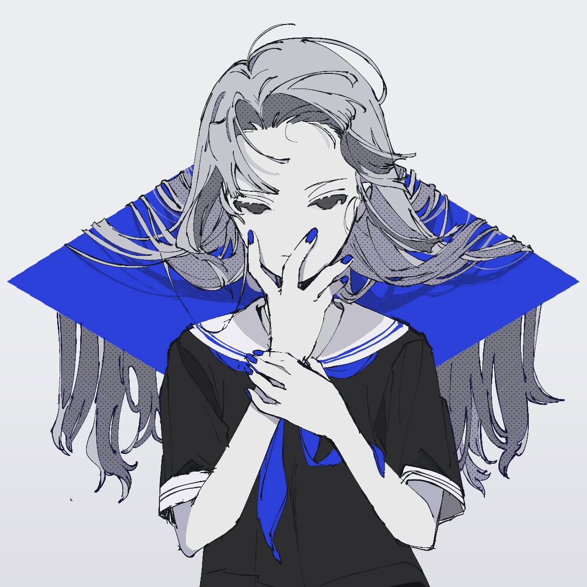 1girl solo long hair blue nails neckerchief white background school uniform  illustration images