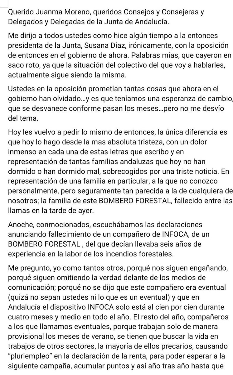 Jpild11's tweet photo. Un compañero de INFOCA pone palabras a lo que much@s bomberos/as forestales pensamos de lo ocurrido en el #IFJubrique, especialmente quienes somos contratados en precario y de manera ilegal sólo durante unos meses al año. Comparto su carta. https://t.co/lpBhgZ5PRz