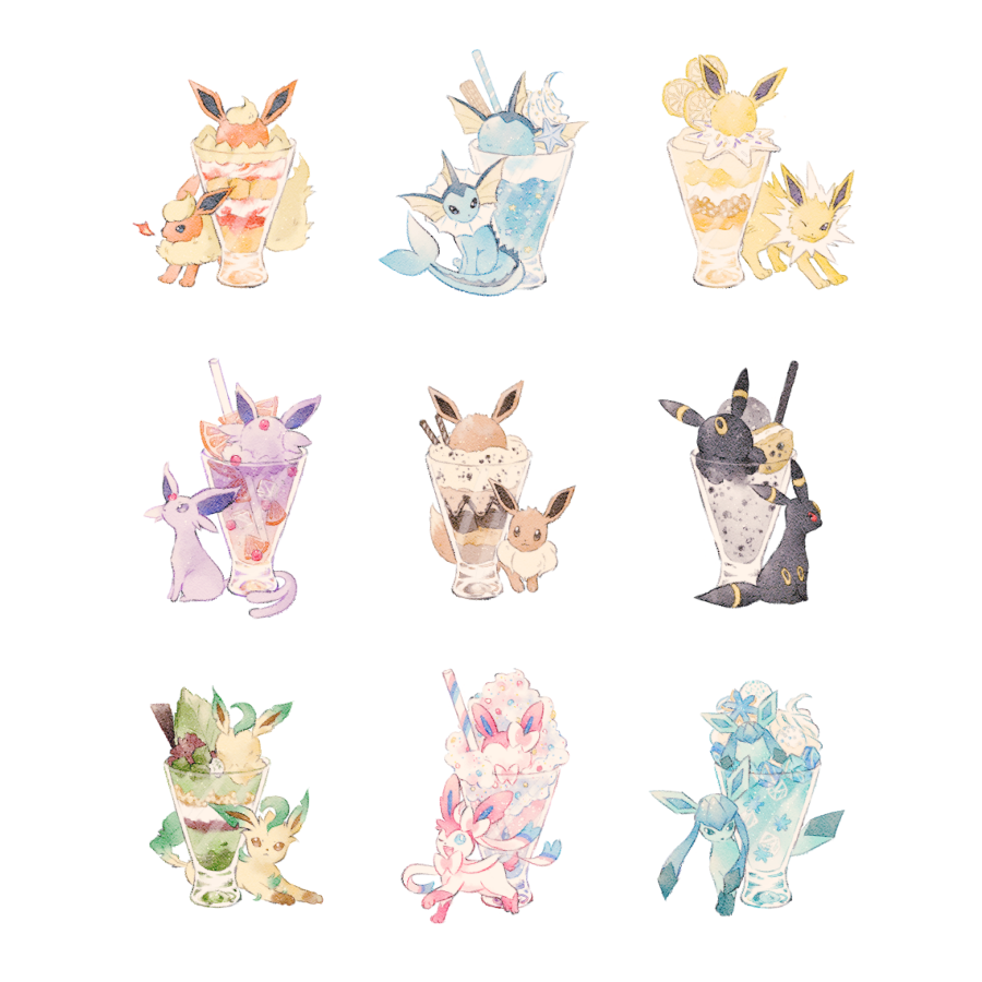 eevee ,espeon ,flareon ,glaceon ,leafeon ,umbreon ,vaporeon no humans pokemon (creature) white background ice drinking straw ice cream glass  illustration images