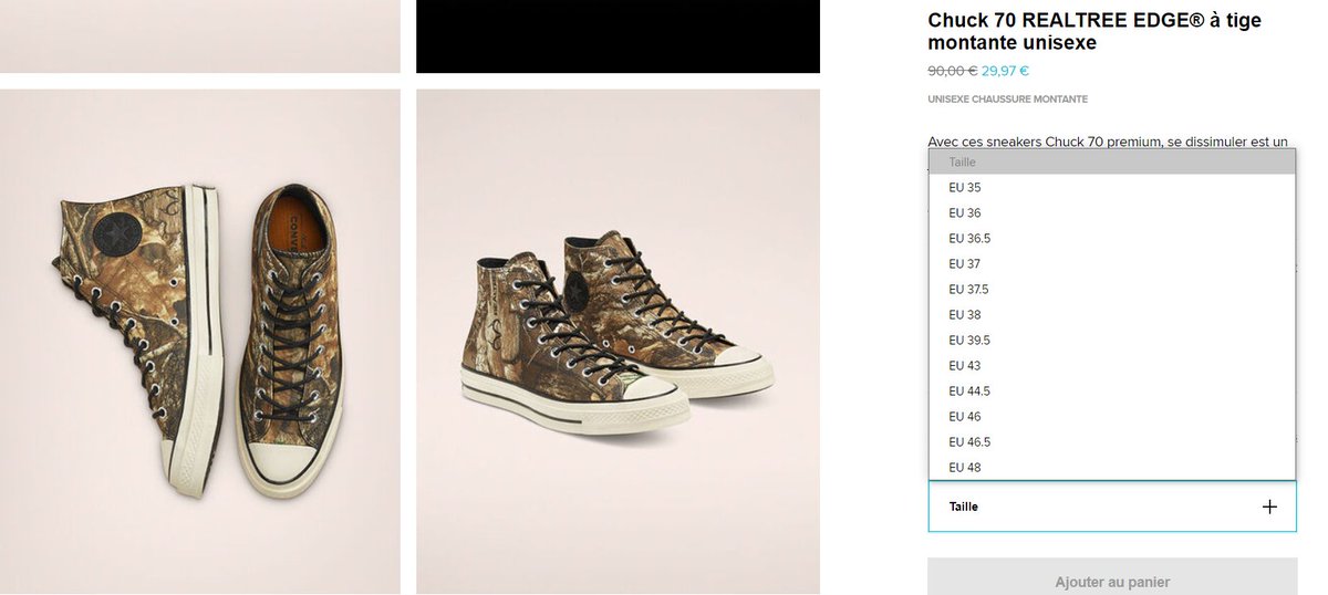 EU ONLY : Converse REALTREE EDGE® Chuck 70 High now reduced to 29.97€/19.97£ only on Converse EU
Selling out
FR:tidd.ly/3E0s3rg
UK:tidd.ly/3z122Ez
DE:tidd.ly/38VV6ho
NL:tidd.ly/3lgAtlW
ES:tidd.ly/3C4LtK2
IT:tidd.ly/2YRiMC1