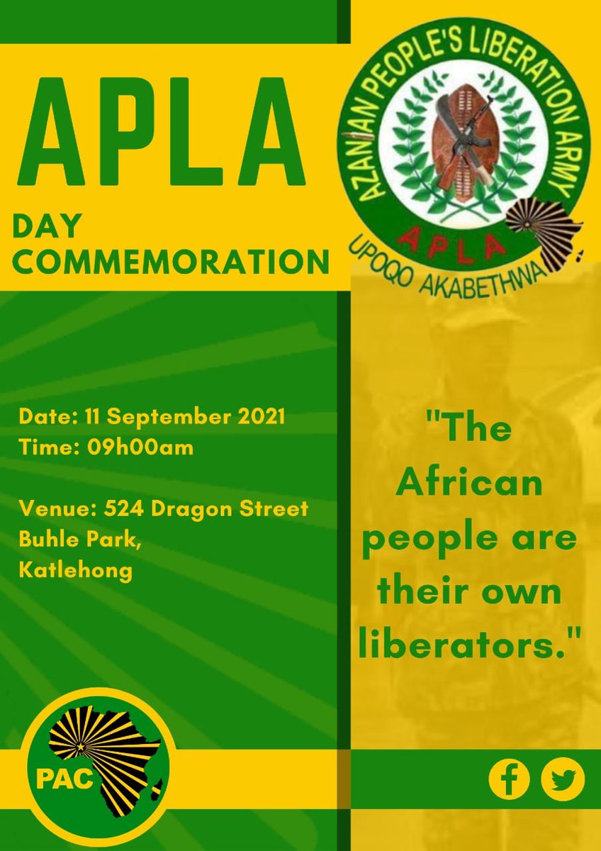PAC_headquaters's tweet photo. PAC celebrates formation of Apla. The military wing was formed in aftermath of bloody &amp; brutal Sharpeville &amp; Langa massacres of 1960.

Poqo was forerunner of Apla &amp; was formed on September 11, 1961. The day, remained on our yearly calendar as justice for fallen heroes of Struggle https://t.co/jw4bzpZPBE