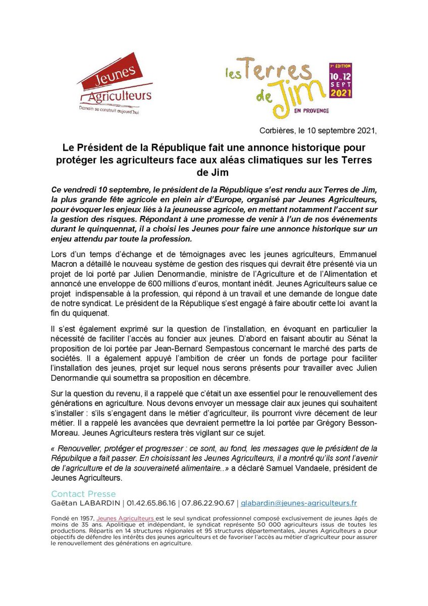[#CP] Le Président de la République fait une annonce historique pour protéger les agriculteurs face aux aléas climatiques sur les Terres de Jim 
Notre CP ici 👇
bit.ly/3A2yZli
