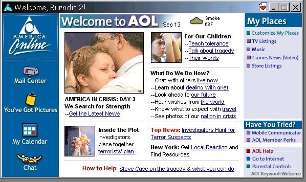 I saved the AOL welcome screens from September 11, 2001 along with the following two days. On the third day the weather is “smoke”.