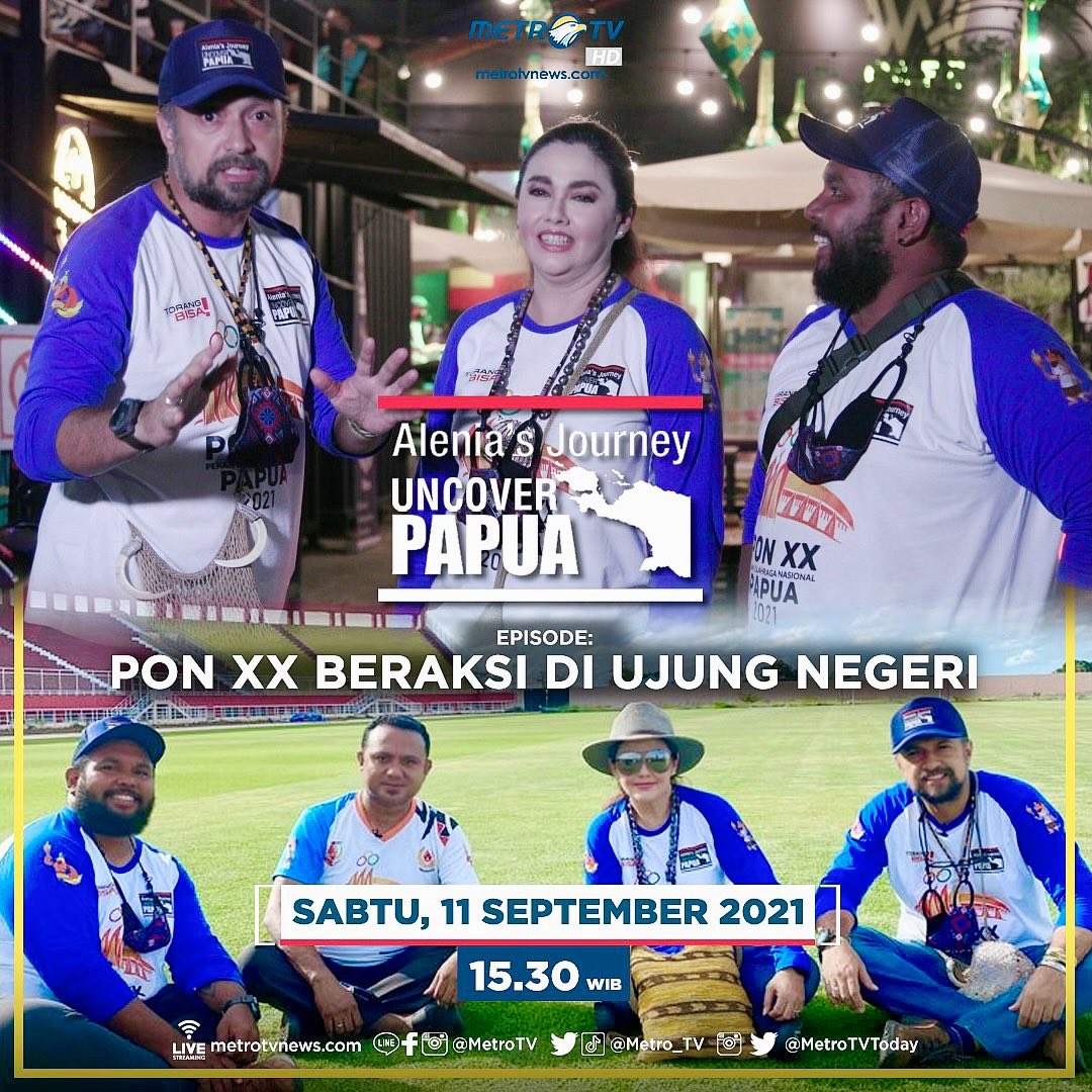 2 EPISODE LAGI MENUJU PON PAPUA 👍🏼😍.
SAKSIKAN HARI INI.. 
ALENIA’S JOURNEY UNCOVER PAPUA ROAD TO PON XX
“PON XX BERAKSI DI UJUNG NEGERI!”
SABTU, 11 SEPT 2021
JAM 15.30 WIB / JAM 17.30 WIT
Hanya di ⁦<a href="/Metro_TV/">METRO TV</a>⁩
⁦<a href="/ponxx2020papua/">PON XX 2021 Papua</a>⁩ #TORANGBISA 👍🏼😍🇮🇩