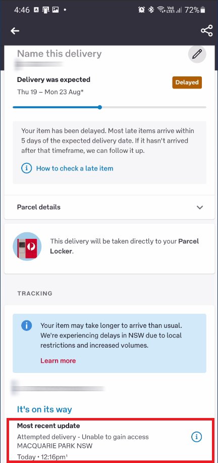 DKShao's tweet photo. @auspost Can you please explain how a delivery to an AusPost parcel locker can have "Unable to gain access" as the reason for failed delivery? This is an outright lie, I'll need to request an investigation. https://t.co/UmI6DWdcgn