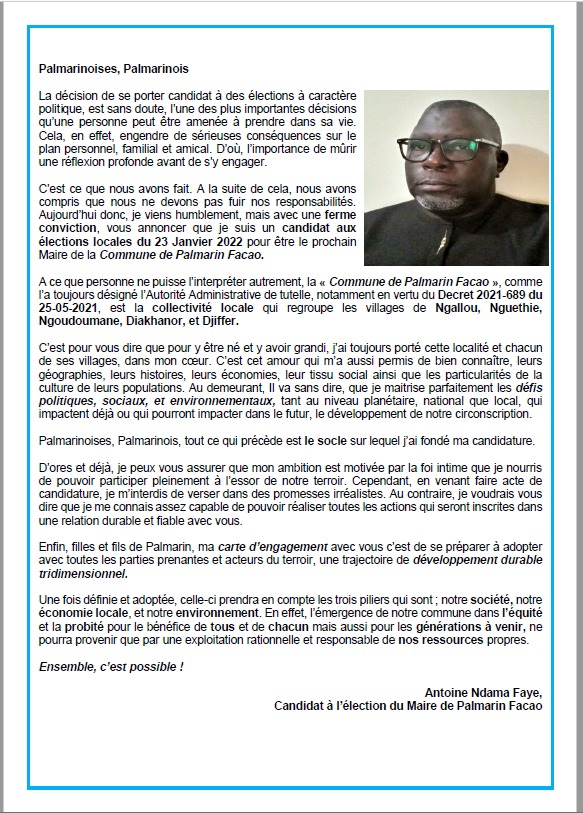 bel1161's tweet photo. If you weren't yet aware, now you should be : I am running for the Office of the Mayor of my hometown Palmarin in Senegal in the coming local and municipal elections on January 23, 2022. https://t.co/zw3wPvWZvB