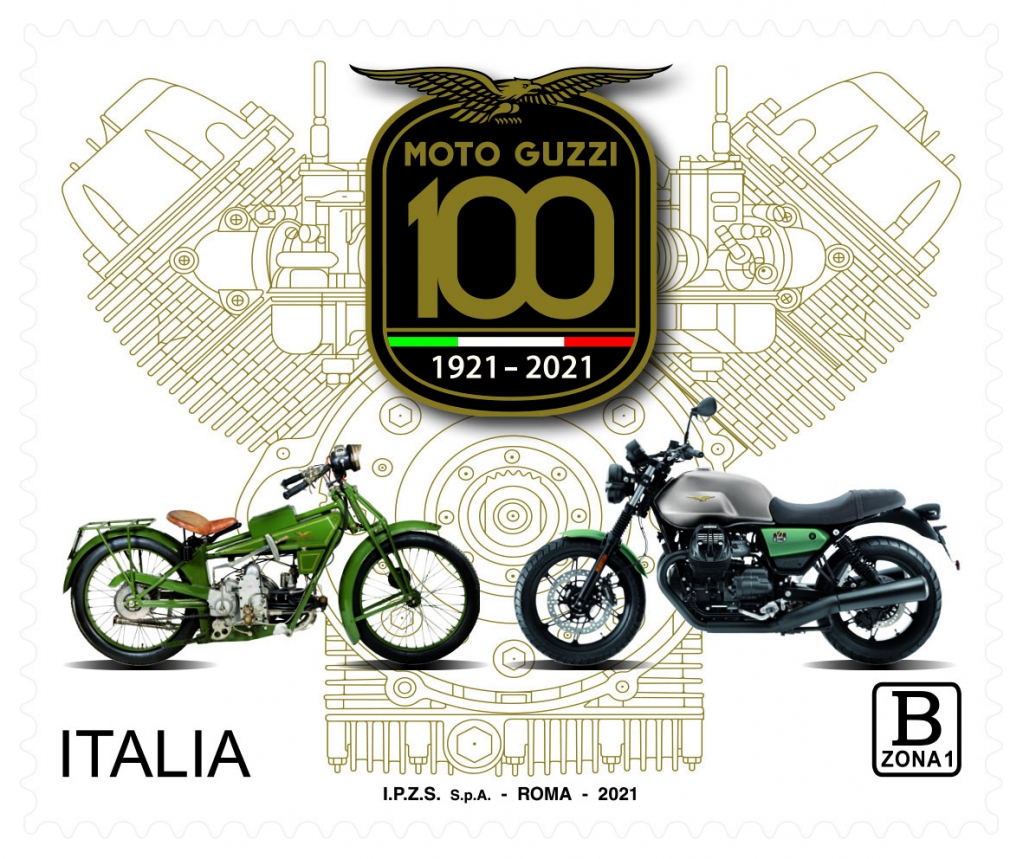 PosteItaliane's tweet photo. #Filatelia il #francobollo emesso oggi è dedicato alla Moto Guzzi, nel centenario della fondazione. Nella vignetta, due moto tra le più rappresentative: la “Normale” del 1921 e la “V7 Stone Livrea Centenario” del 2021. @MISE_GOV @IPZS https://t.co/3aTdrlGOYr