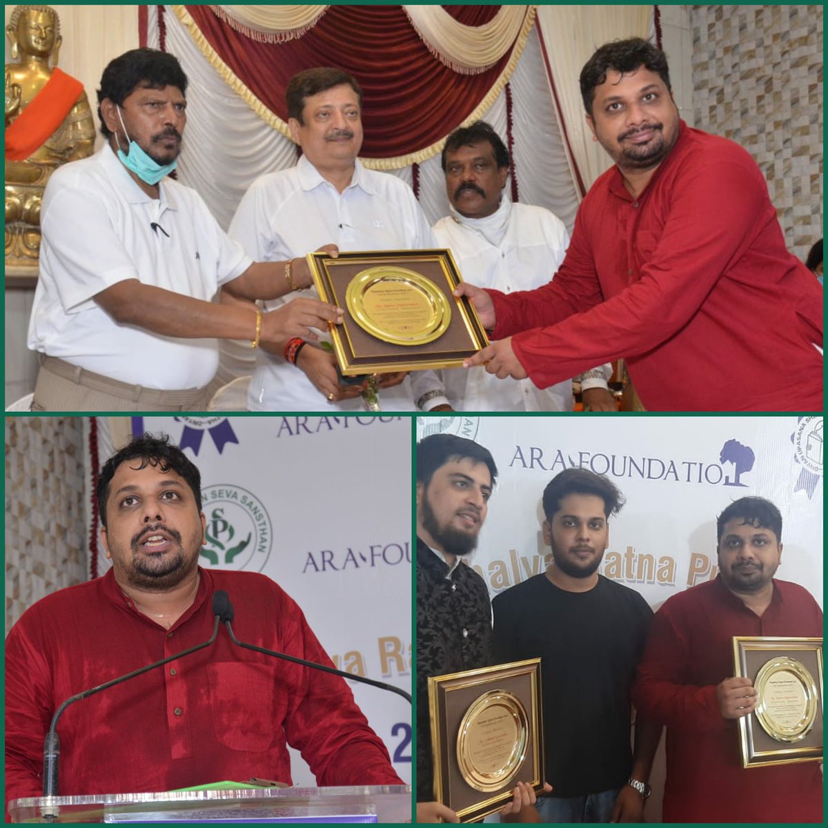 Raza Mulla of AR Foundation &amp; Hon'ble Union MoS Dr <a href="/RamdasAthawale/">Ramdas Athawale</a> felicitated KC co-founder Ruben Mascarenhas <a href="/rubenmasc/">Ruben Mascarenhas</a> for #khaanachahiye 's work during the pandemic at the Kaushalya Ratna Puraskaar 2021 held at Ramabai Ambedkar Nagar in Ghatkophar last week. We are grateful🙏