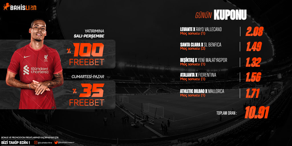 GÜNÜN KUPONU 

KUPON TUTAR İSE 5 KİŞİYE 100 TL

<a href="/BahislionResmi/">Bahislion</a>

TAKİP ET , KULLANICI ADINI VE 
5 ARKADAŞINI YORUMLARA ETİKETLE !