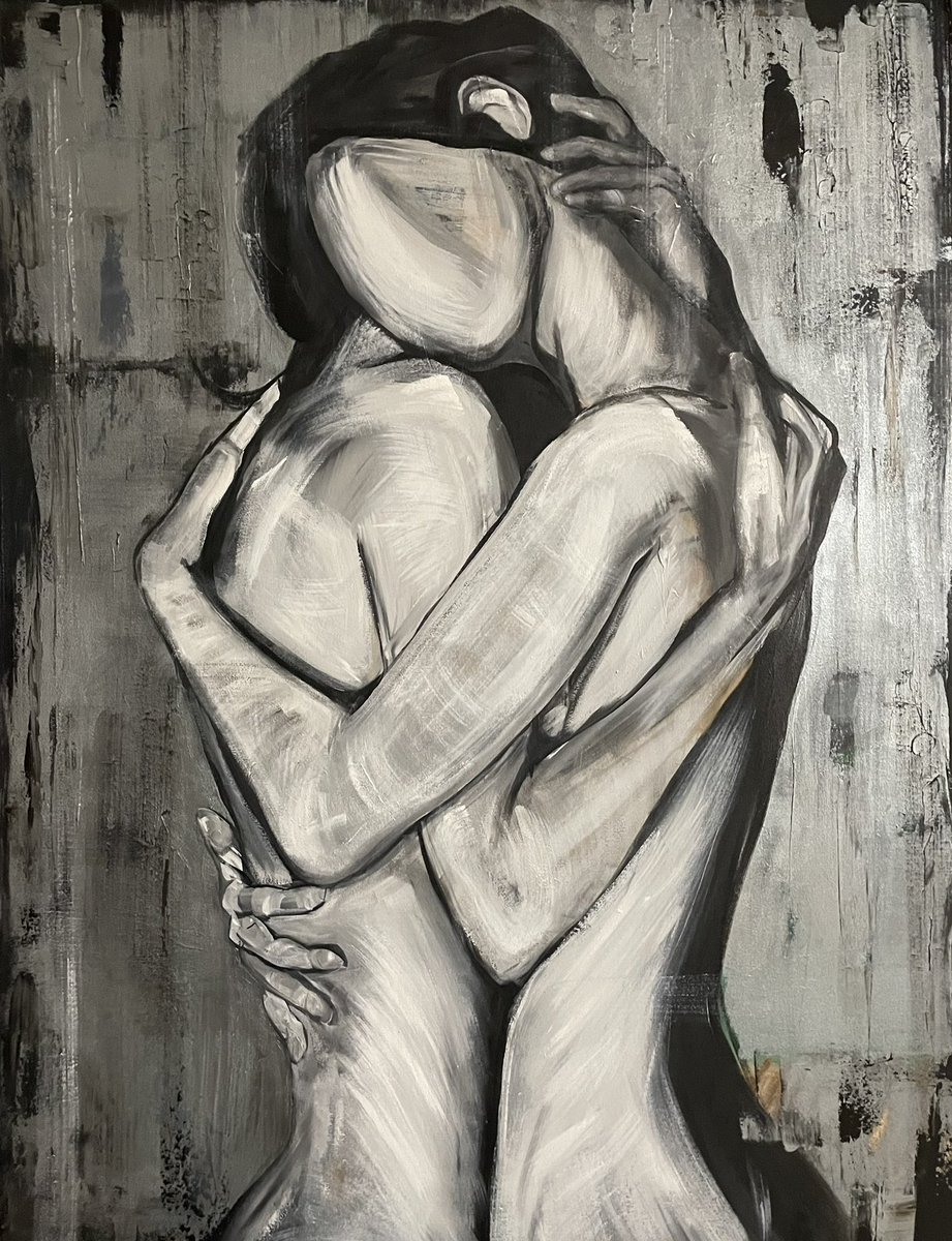 This. In closer detail.
This, the hug, the cuddle, to say I’m here, or it’s ok, or I love you. Closeness of the human condition. 
Original artwork by me x