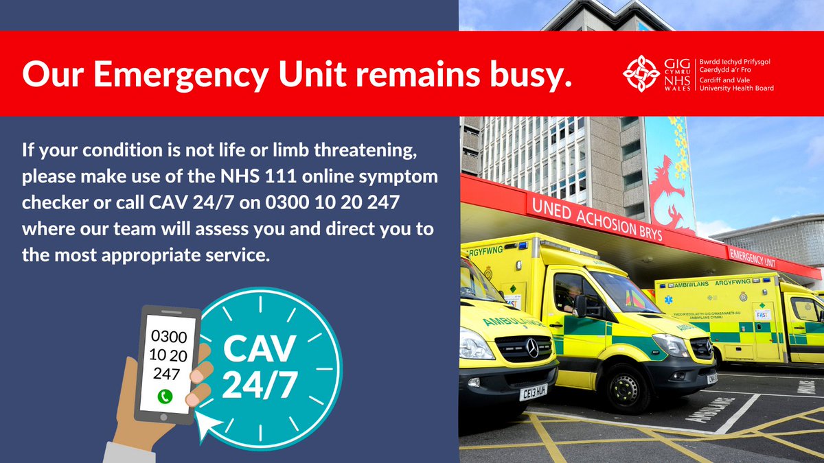 📣PLEASE SHARE WITH PEOPLE IN CARDIFF &amp; THE VALE OF GLAMORGAN. Our Emergency Unit remains busy - please only attend if it's an emergency. Call CAV 24/7 if it's not life threatening. If you're unsure of your symptoms, please use the NHS 111 symptom checker orlo.uk/NUuir
