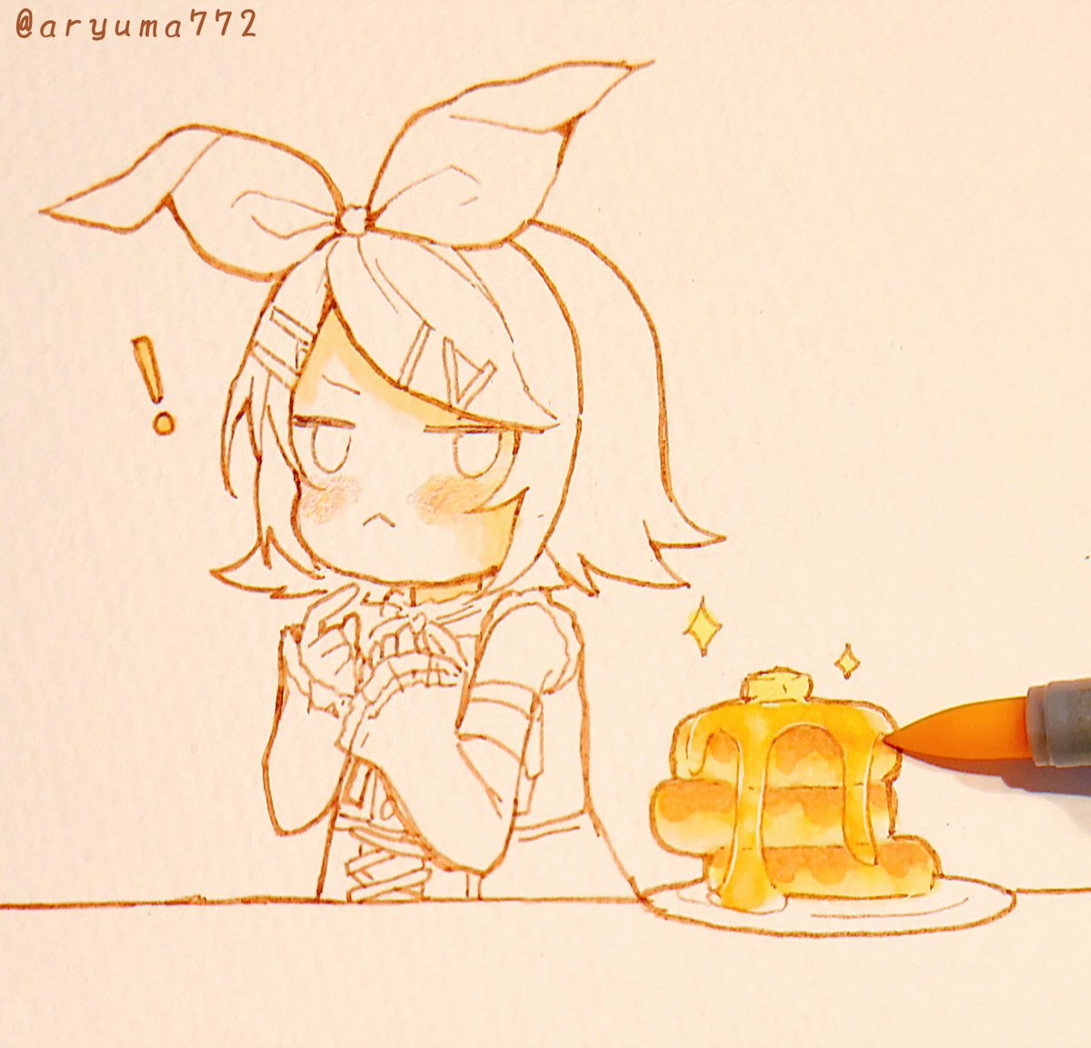 kagamine rin pancake 1girl fork blonde hair musical note closed eyes pancake stack  illustration images