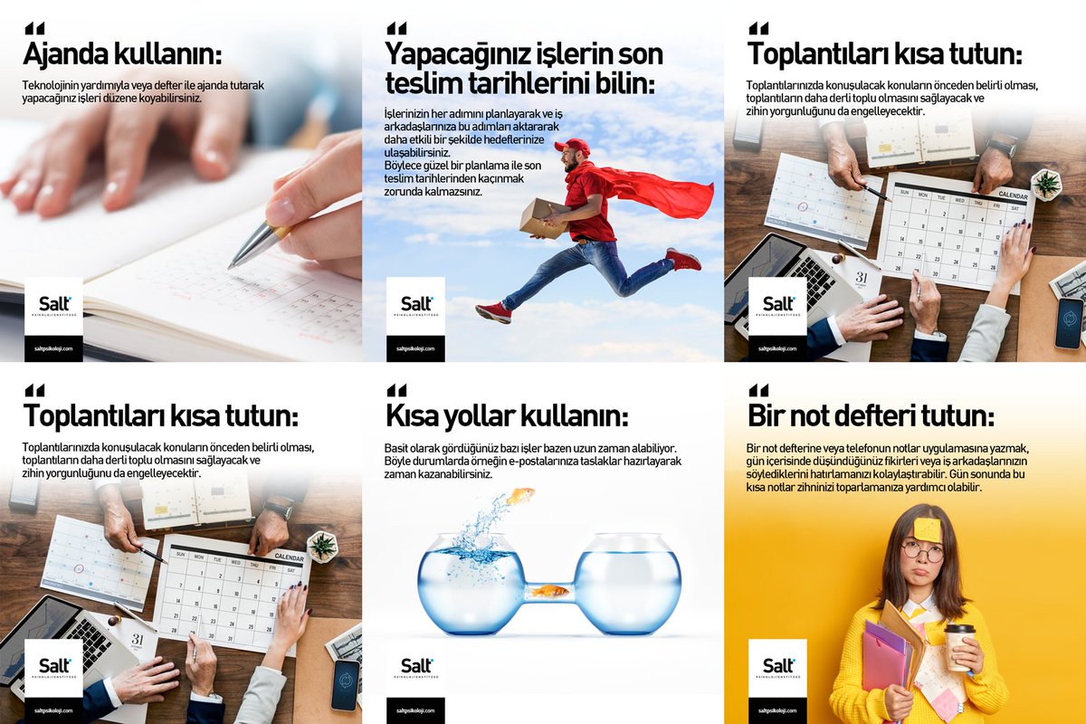 İşlerimizi ilerletmek için zaman yönetimini nasıl kullanabiliriz.

 <a href="/salt_psikoloji/">Salt Psikoloji</a>

Kaynak: Rigglo, R. (2021). 6 Easy Strategies to Better Manage Time. Erişim adresi: psychologytoday.com/us/blog/cuttin…