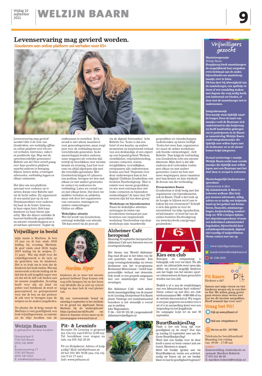 Gouderom een online platform vol verhalen voor 65+ . Je leest er meer over op onze Welzijn Pagina in de Baarnsche Courant. Digitaal te lezen via onze website; zcu.io/GCcP . Meer informatie over Gouderdom; zcu.io/IF1z