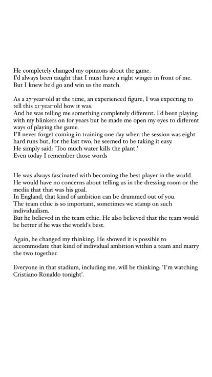 GNev2's tweet image. Ahead of Cristiano’s return to Old Trafford today, here’s an extract from an article I wrote on him in 2012. 

It perfectly sums up my thoughts and experience with him, so I wanted to share this with you again.