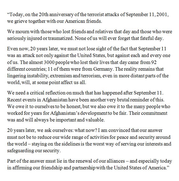 Foreign Minister <a href="/HeikoMaas/">Heiko Maas 🇪🇺</a> on the 20th anniversary of the terrorist attacks of #September11 👇👉diplo.de/2481448