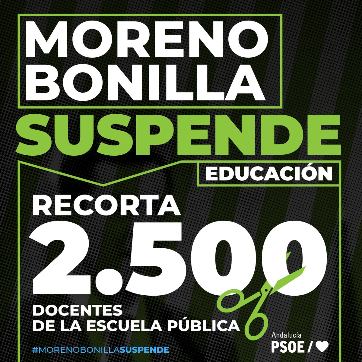 psoedeandalucia's tweet photo. 🅾️ #MorenoBonillaSUSPENDE

✂️ 2.500 docentes menos en la #EscuelaPública de #Andalucía

❌ Cuando más fondos llegan del Gobierno central para los servicios públicos, más los 𝗱𝗲𝘀𝘁𝗿𝘂𝘆𝗲𝗻 las derechas del Gobierno andaluz

Moreno Bonilla no cree en la #EducaciónPública https://t.co/jzsj1TlFmp