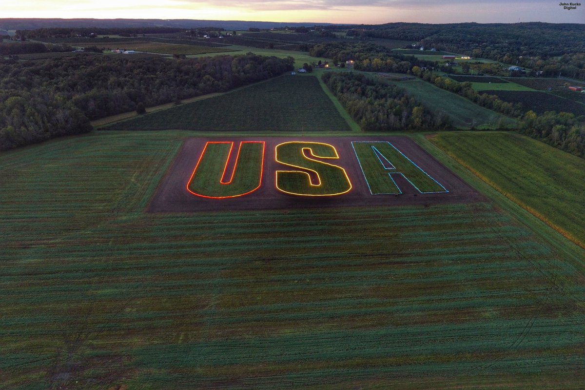 #NeverForget:  The “USA Field” near Keuka Lake (Bluff Point, NY) will be illuminated this evening with 6000 feet of lights.  Field created by farmer here days after attacks on 9/11, has been here since.  Each letter is 1.2 acres, test lighting this morning. <a href="/News_8/">News 8 WROC</a> #NeverForget