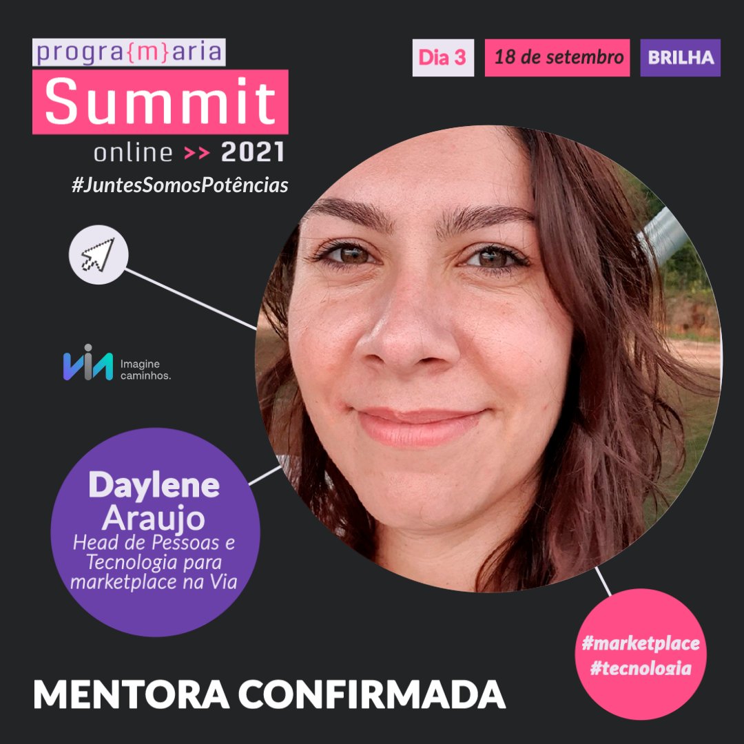 programaria's tweet photo. A Via @via.hub.tech é patrocinadora oficial do PrograMariaSummit2021 e conta com uma série de profissionais incríveis em tech! E muitas irão proporcionar mentorias maravilhousers no nosso #queride evento!⚡🙏🏾Não vemos a hora desse evento começar!✨
https://t.co/JHTokbBec8 https://t.co/ktXQI32SO5