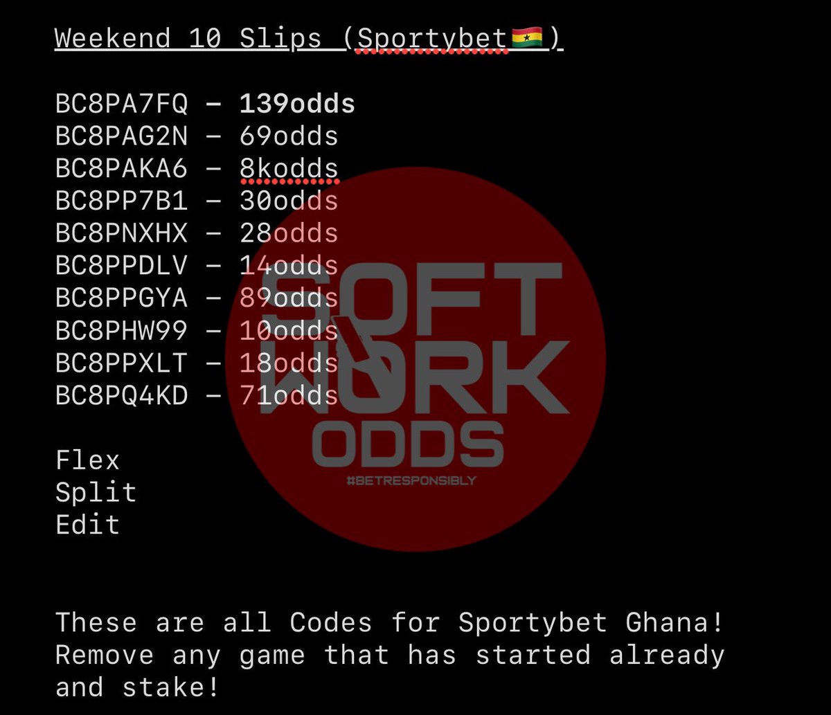 Weekend 10 Slips (Sportybet🇬🇭)

BC8PA7FQ - 139odd
BC8PAG2N - 69odd
BC8PAKA6 - 8kodd
BC8PP7B1 - 30odd
BC8PNXHX - 28odd
BC8PPDLV - 14odd
BC8PPGYA - 89odd
BC8PHW99 - 10odd
BC8PPXLT - 18odd
BC8PQ4KD - 71odd

Read below 

👇🏾👇🏾👇🏾👇🏾👇🏾👇🏾

#BetResponsibly #SoftWork 
#RETWEET #editedslips