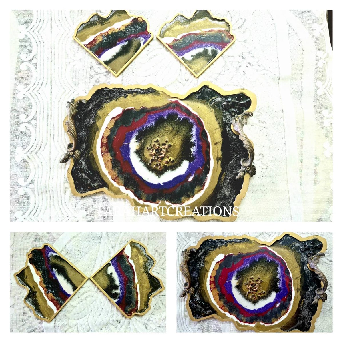 Own a unique tray and coaster set. A geode resin design with an elegant colour combination. Ready to be the star of your homes. A one of a kind gifting option too. Grab your set today. 
#farahartcreations #trays #traydecor #handmadetrays #handcraftedtrays  #vocalforlocalindia