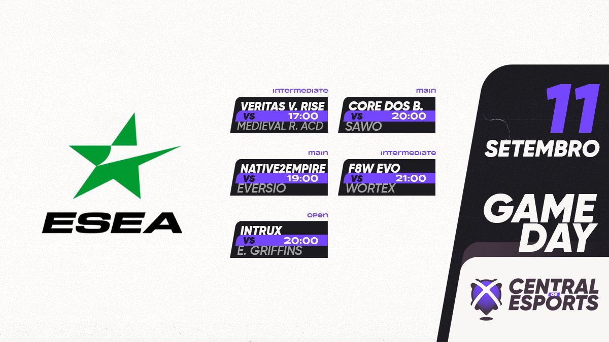 CentralDEsports's tweet photo. HOJE na 🏆@ESEA:
17h
🇵🇹 @VERITASVINCITgg.Rise vs @TeamMedievalGG.Academy 🇱🇻
19h
🇵🇹 @N2E_GG vs @project_eversio 🇵🇱
20h
🇪🇸🇵🇹 @intrux_esports vs @EnroGriffins 🇩🇪
🇵🇹 #CoreDosBinho vs @sawoesports 🇫🇮
21h
🇵🇹 @F8W_eSports.Evo vs @wortexgaming 🇪🇪
#CDEgameday #CDEesea https://t.co/ezX504PEYZ