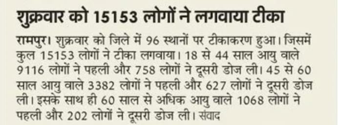 😷🗞समाचार पत्र गैलरी🗞😷

💉वैक्सीन अवश्य लगवाएं 💉
😷डबल मास्क लगाए😷
🧼हाथों को बार₋बार साबुन से धोएं🧼
🙏 दो गज़ की दूरी🙏

#𝑟𝑎𝑚𝑝𝑢𝑟𝑝𝑟𝑒𝑠𝑠
#RampurVsCovid19
#LargestVaccineDrive