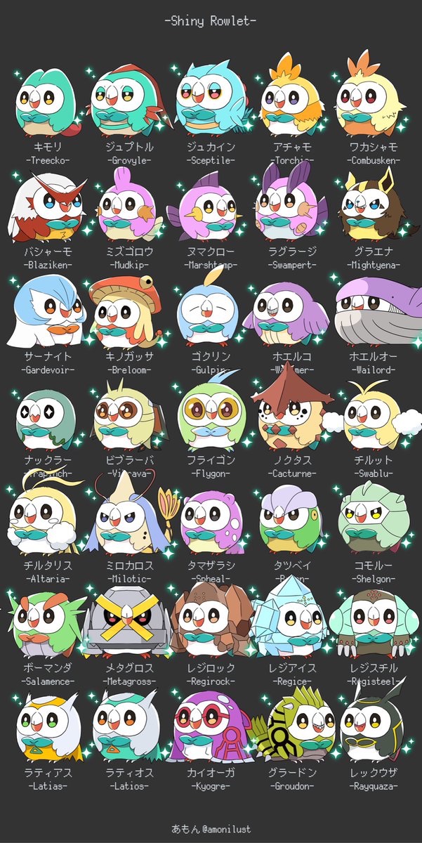 rowlet no humans pokemon (creature) owl bird english text open mouth sparkle  illustration images