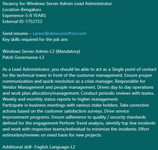 denovosoftsol's tweet photo. Vacancy for-Windows Server Admin-Lead Administrator
Location-Bengaluru
Experience-5-8 YEARS
External ID-1752723
Send resume – career@denovosoftsol.com
#windowsserveradmin #windowsserver #powershell #cisco #VMware #cloudenvironment #softwaredevelopment #remotedesktop https://t.co/GjdpTQiaG7