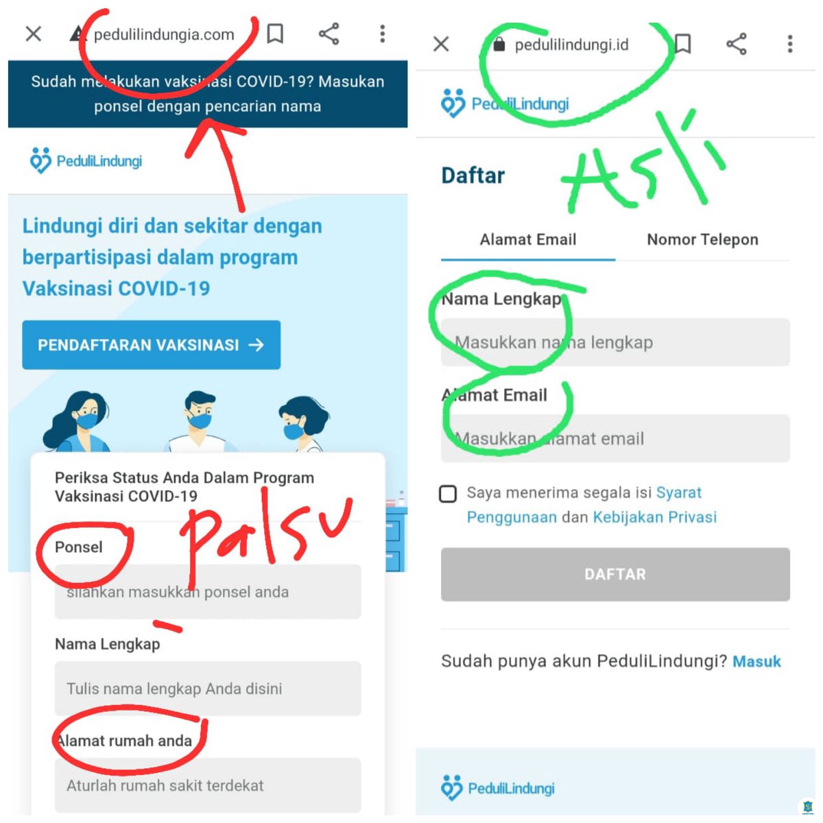HATI HATI !! ada Pedulilindungi palsu !! Ojo sampe kalian masukin data diri di yg palsu itu yo -rek !