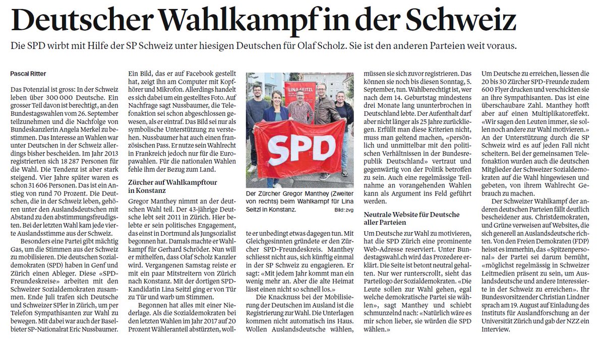 "Die #SPD ist den anderen Parteien weit voraus" 🥰 Heutige Ausgabe der #Schweiz am Wochenende. Ja, wir sind ein bisschen stolz. Darf gern retweetet werden 😉😊

#btw2021 #unsereSPD #Zürich #DeutscheImAusland