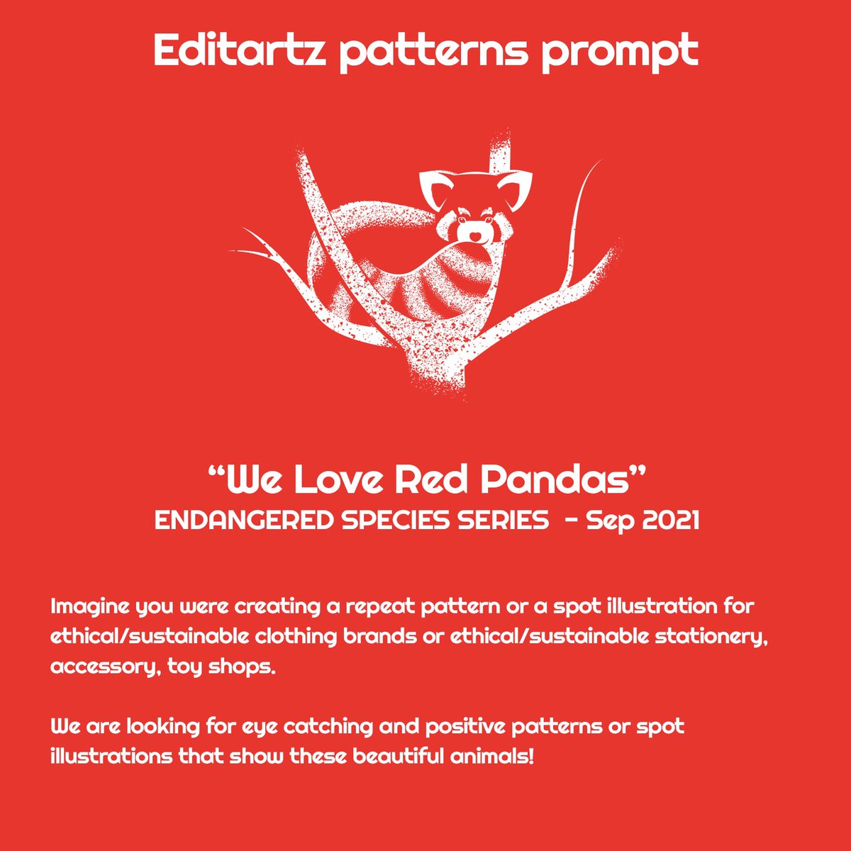 editartz's tweet image. New prompt!
"Endangered Species Series"
September 2021

Cute Red Panda Illustration by Selma Cardoso @selmacc 🦊❤

#editartz #patterndesign #patterns #patternprompts #endangeredspecies #endangeredanimals #redpanda #spotillustration