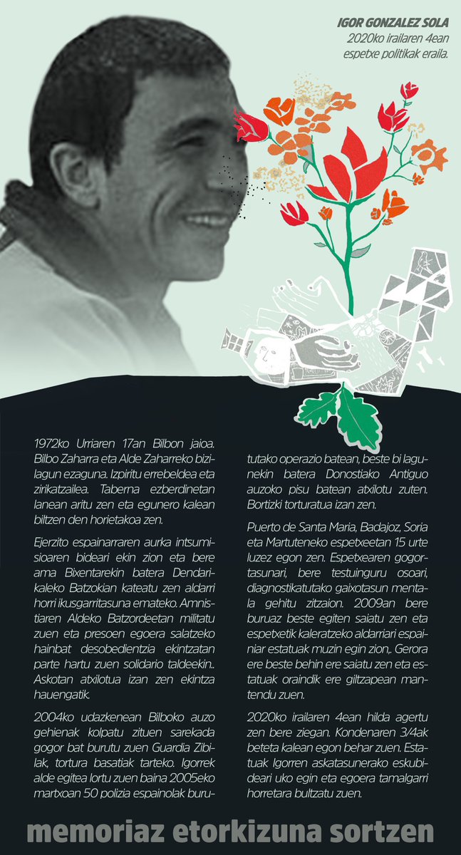 SortuBilbo's tweet photo. 🌹🌹Gaur bezalako egun batean Espainiako espetxe politikak Alde Zaharreko auzokidea genuen #IgorGonzalezSola erail zuen.
Bere borrokak eta ametsek gure artean irauten dute.
IZAN ZIRELAKO GARA!
#PresoakEtxera
#izanzirelakogara
#oroimenagara https://t.co/s19SfxFovy