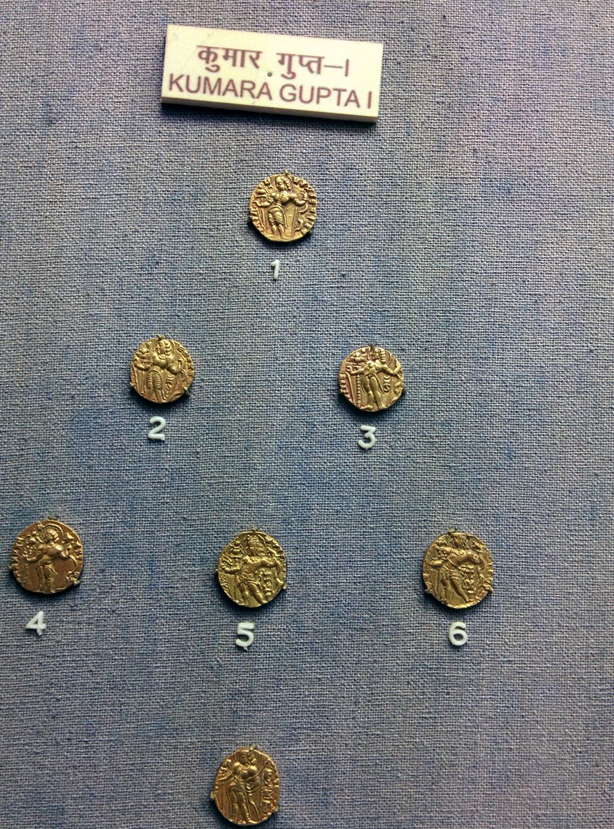 IndicHistory's tweet photo. Archer type gold coins of Kumara Gupta I, 5th century CE, holding a bow in left hand & an arrow in right. The Garuda standard can be seen in the background in all coins. The reverse usually has the image of goddess Lakshmi, seated on lotus, dropping coins from her right hand. https://t.co/kPZMx6zsf3