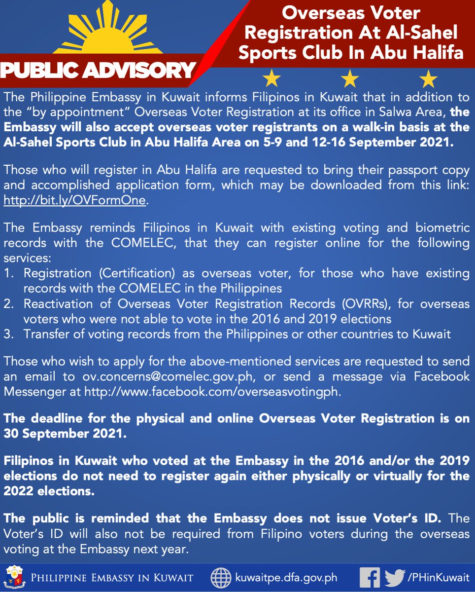 PHinKuwait's tweet image. PUBLIC ADVISORY: Overseas Voters Registration At Al-Sahel Sports Club In Abu Halifa (in English and Filipino) kuwaitpe.dfa.gov.ph/newsroom/annou…

Those who will register are requested to bring their passport copy and application form: bit.ly/OVFormOne.

#MagpaRehistroKa
#PHinKuwait