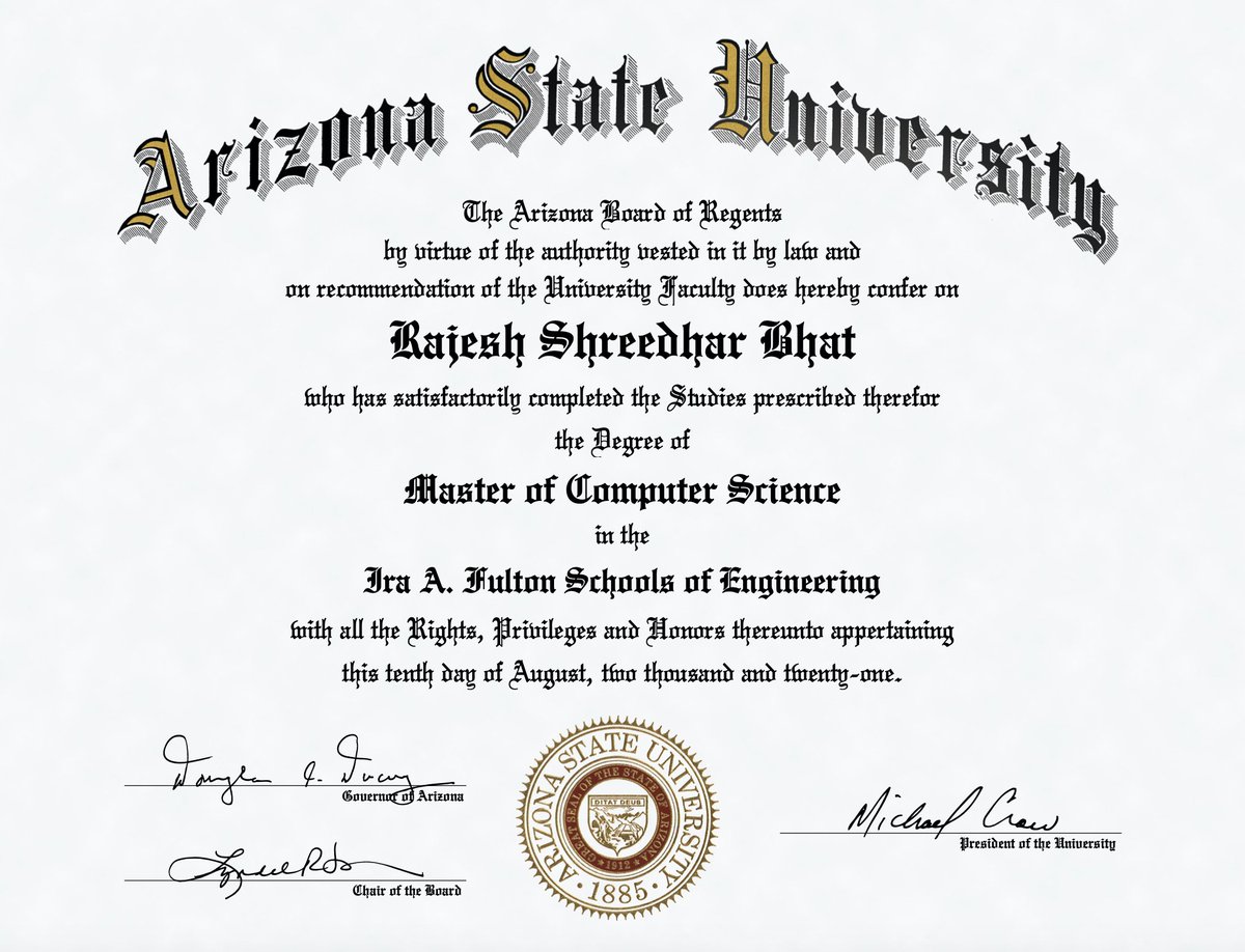 ~2.5 years flew by so fast !!
I would like to thank everyone who has supported my academic journey, especially my family, friends, and my team members &amp; leadership at <a href="/Walmarttech/">Walmart Global Tech</a> @WalmartTechInd 
#graduated #mscs #asu #walmartglobaltechindia