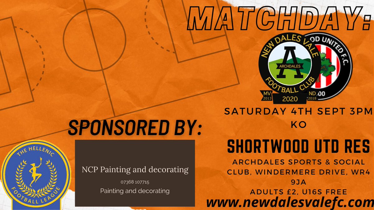 MATCHDAY:

<a href="/HellenicLeague/">Hellenic League</a> Div 2 West

⚽-vs <a href="/ShortwoodUtdFC/">Shortwood Utd FC</a> Res 

⏰- 15.00 KO

📆- Sat 4th September

📍- Archdales Sports &amp; Social Club

🎟 - £2 Adults, £0 U16s

Sponsored by: NCP Painting &amp; Decorating