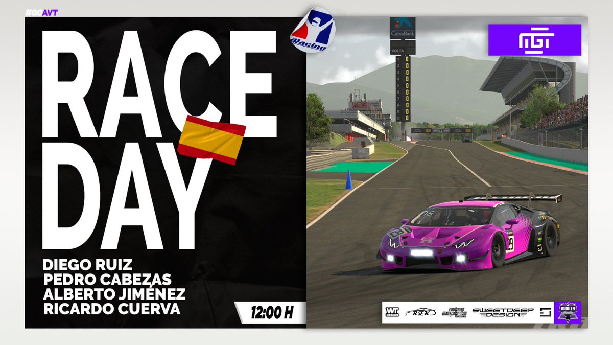 #RACEDAY | #IRACING 

⏱ Hoy nuestro equipo de #iRacing competirá en las 24h de <a href="/e_circuitcat/">eSports Circuit de Barcelona-Catalunya</a> !!!

⏰ // 12:00h
🏆 // <a href="/MundoGT/">MundoGT</a> 
👥 // <a href="/diegoruizjkr/">Diego Galluu</a> // @PedroRayista // <a href="/alberto_js/">Alberto Jimenez</a> // <a href="/RCuerva3/">Ricardo Cuerva</a> 
📺 // twitch.tv/mundogt

#GOAVT