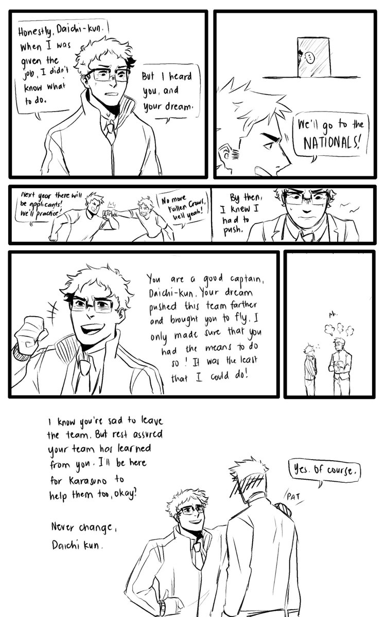 Capta1nDaichi's tweet photo. The Foundation and The Pillar: Karasuno was possible due to the efforts of many, but Daichi and Takeda-sensei had the utmost faith and belief in its future.

#haikyuu #haikyuufanart #daichisawamura #takedaittetsu https://t.co/VYGiOFE4II