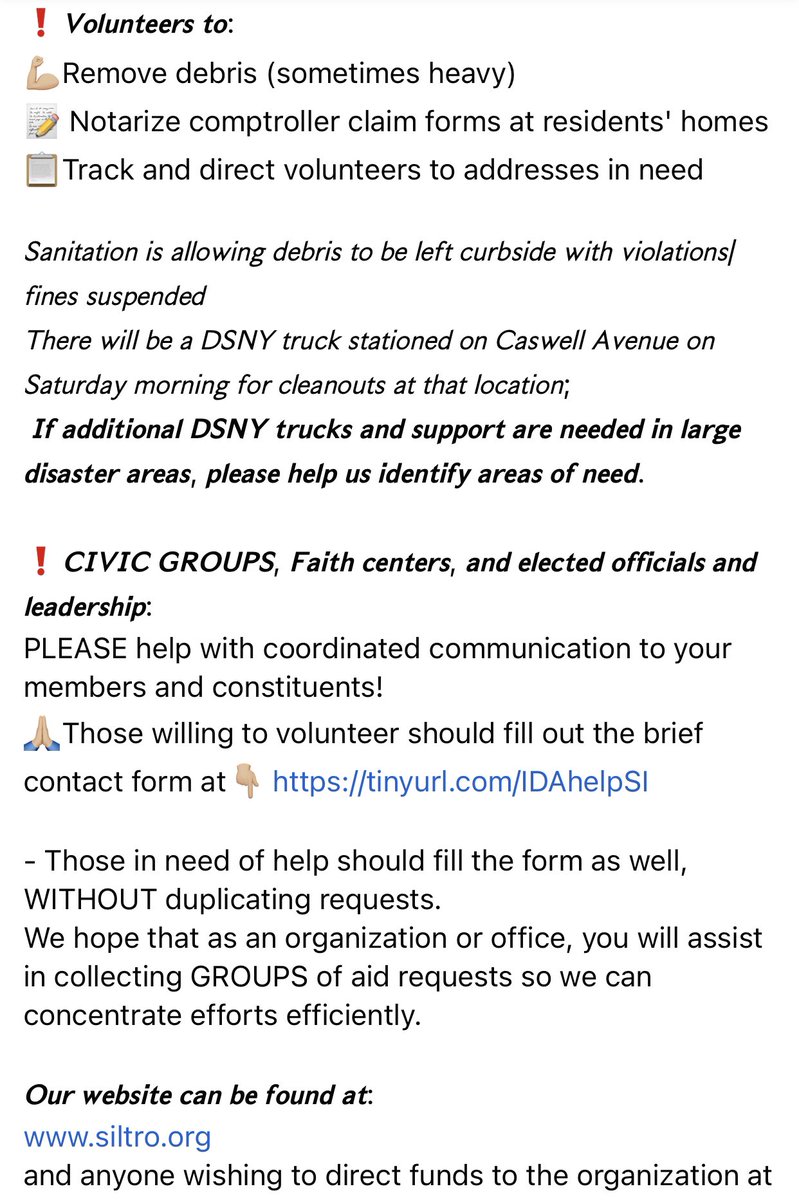 ‼️IMPORTANT‼️

Volunteer &amp; Donations needed to support #statenisland organizations &amp; community members in the #hurricaneida recovery effort! 

If you can help please reach out to any of the organizations listed &amp; please boost to spread the word! #siny #nyc #SIStayStrongStaySafe
